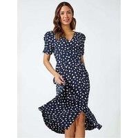 Roman Navy Polka Dot Ruched Sleeve Midi Dress - Size 14 14 female