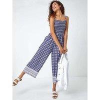 Roman Originals Border Print Culotte Jumpsuit for Women UK - Ladies Everyday Holiday Spring Summer Wide Leg Comfy Soft Evening Vacation Work Party - Blue - Size 14