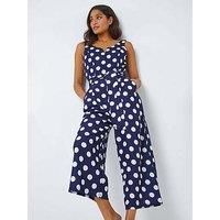 Roman Originals Spot Print Belted Jumpsuit for Women UK - Ladies Everyday Holiday Spring Summer Round Neckline Comfy Soft Evening Vacation Work Party - Navy - Size 10