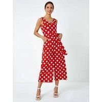 Roman Originals Spot Print Belted Jumpsuit For Women UK - Ladies Everyday Holiday Spring Summer Round Neckline Comfy Soft Evening Vacation Work Party - Red - Size 18