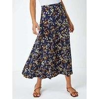Roman Originals Gathered Skirt for Women UK Ladies Ditsy Floral Print Midi Maxi Long Length Stretchy Pleated Casual Fit Flare Jersey Elasticated Waist Summer Spring - Navy Yellow - Size 14