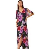 Roman Originals Floral Print Tie Back Maxi Dress for Women UK - Ladies Everyday Holiday Spring Summer V Neckline Comfy Soft Evening Vacation Work Party - Black - Size 12