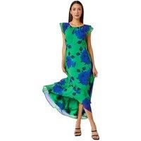 Roman Originals Floral Frill Detail Chiffon Midi Dress for Women UK - Ladies Everyday Holiday Spring Summer Round Neckline Comfy Soft Evening Vacation Work Party - Green - Size 10