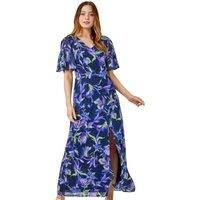 Roman Originals Floral Print Tie Back Maxi Dress for Women UK - Ladies Everyday Holiday Spring Summer V Neckline Comfy Soft Evening Vacation Work Party - Navy - Size 10