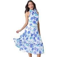 Roman Women Halterneck Maxi Dress - Ladies Halter Neckline Spring Everyday Summer Holiday Sleeveless Soft Tie Waist Detail Keyhole Neck Gown Vacation Frocks - White Turquoise - Size 12