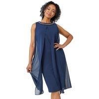 Roman Originals Petite Embellished Chiffon Dress for Women UK - Ladies Everyday Holiday Spring Summer Round Neckline Comfy Soft Evening Vacation Work Party - Navy - Size 8