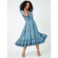 Roman Originals Shirred Waist Dress for Women UK - Ladies Midi Maxi Summer Spring Tiered Frill Hem Short Sleeve V Neck Button Through Boho Bohemian Gypsy Holiday - Petite Blue Teal - Size 18