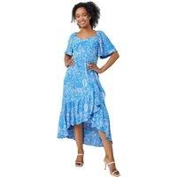 Roman Petite Floral Print Ruched Midi Dress for Women UK - Ladies Spring Everyday Summer Holiday Sweetheart Neckline Comfy Short Sleeve Soft Frock Frill Hem Gowns - Blue - Size 8