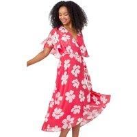 Roman Originals Petite Floral Print Cape Dress for Women UK - Ladies Everyday Holiday Spring Summer V Neckline Comfy Soft Evening Vacation Work Party - Coral - Size 10
