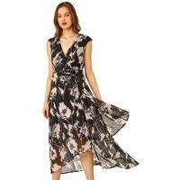 Roman Originals Embellished Floral Print Tiered Midi Dress for Women UK - Ladies Everyday Holiday Spring Summer V Neckline Comfy Soft Evening Vacation Work Party - Black - Size 10