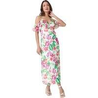 Roman Originals Floral Print Cold Shoulder Midi Dress for Women UK - Ladies Everyday Holiday Spring Summer V Neckline Comfy Soft Evening Vacation Work Party - Ivory - Size 10