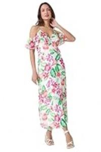 Roman Originals Floral Print Cold Shoulder Midi Dress for Women UK - Ladies Everyday Holiday Spring Summer V Neckline Comfy Soft Evening Vacation Work Party - Ivory - Size 12