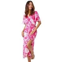 Roman Originals Floral Print Twist Front Midi Dress for Women UK - Ladies Everyday Holiday Spring Summer V Neckline Comfy Soft Evening Vacation Work Party - Pink - Size 10