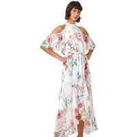 Floral Cold Shoulder Chiffon Maxi Dress For Women UK - Ladies Roman Originals