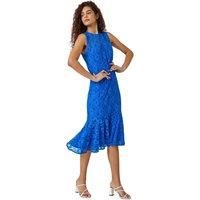 Roman Originals Floral Lace Overlay Dress for Women UK - Ladies Luxury Ball Gown Shift Midi Lined Knee Length Stretch Formal Wedding Guest Party Evening - Plain Royal Blue - Size 10