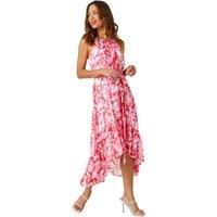 Roman Originals Halter Neck Butterfly Print Dress for Women UK - Ladies Everyday Holiday Spring Summer Comfy Soft Evening Vacation Work Party - Pink - Size 20