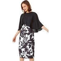 Roman Originals Floral Cape Detail Stretch Dress for Women UK - Ladies Everyday Holiday Spring Summer Sweetheart Neckline Comfy Soft Evening Vacation Work Party - Ivory - Size 12