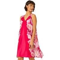 Roman Originals Sleeveless Floral Chiffon Overlay Dress for Women UK - Ladies Everyday Holiday Spring Summer V Neckline Comfy Soft Evening Vacation Work Party - Pink - Size 10