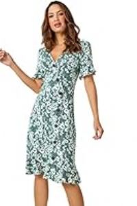 Roman Originals Tea Dress for Women UK Ladies Frill Hem Skater Wrap Jersey Stretchy Fit & Flare Flattering Knee Length Side Button Cocktail Party Occasion Holiday Going Out - Green - Size 20