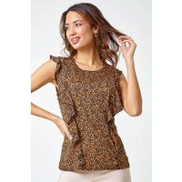 Roman Originals Leopard Print Frill Detail Jersey Top for Women UK - Ladies Everyday Holiday Spring Summer Round Neckline Comfy Soft Evening Vacation Work Party - Brown - Size 8