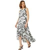 Roman Originals Swirl Print Chiffon Midi Dress for Women UK - Ladies Everyday Autumn Winter Round Neckline Comfy Soft Evening Vacation Work Party Night Out - Ivory - Size 10