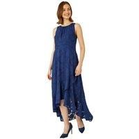 Roman Sleeveless Jacquard Dipped Hem Midi Dress for Women UK - Ladies Spring Everyday Summer Holiday Round Neckline Comfy Frill Detail Soft Frock Dinner Date Gowns - Navy - Size 12
