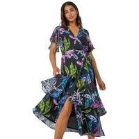 Roman Tropical Print Tiered Midi Wrap Dress for Women UK - Ladies