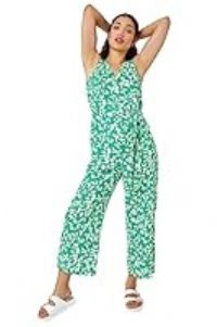 Roman Originals Petite Floral Button Through Jumpsuit For Women UK - Ladies Everyday Holiday Spring Summer V Neckline Comfy Soft Evening Vacation Work Party - Green & White - Size 10