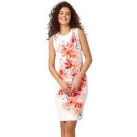 Roman Originals Scuba Dress for Women UK - Ladies Shift Swing Linear Floral Print Spring Everyday Summer Evening Vacation Work Holiday Short Sleeve Smart Casual - Orange Pink - Size 20