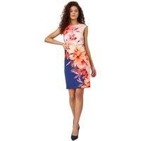 Roman Originals Scuba Dress for Women UK - Ladies Shift Swing Linear Floral Print Spring Everyday Summer Evening Vacation Work Holiday Short Sleeve Smart Casual - Navy Orange - Size 18