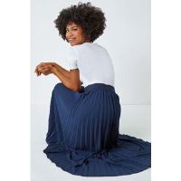 Roman Navy Pleated Elastic Waist Maxi Stretch Skirt - Size 14 14 female