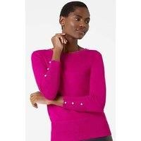 Roman Diamante Button Scallop Edge Jumper for Women UK - Ladies Autumn Everyday Winter Holiday Round Neckline Comfy Long Sleeve Soft Slim Fit Knitted Sweater Warm Tops - Fuchsia - Size 14