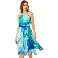 Roman Originals Abstract Print Halter Neck Midi Dress for Women UK - Ladies Everyday Holiday Spring Summer Comfy Soft Evening Vacation Work Party - Blue - Size 18