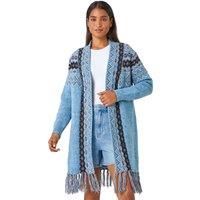 Roman Originals Women Cardigan - Ladies Longline Coatigan Tassel Open Front Cardi Winter Autumn Casual Textured Edge to Edge Yarn Patterned Comfy Work Going Out - Light Blue - Size 16