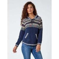 Roman Originals Women Jumper with Hood Ladies Winter Hoodie with Pockets Nordic Aztec Print Hooded Sweater Autumn V Neck Soft Festive Flattering Going Out Casual Smart - Midnight Blue - Size 16
