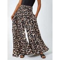 Roman Originals Animal Shirred Palazzo Stretch Trouser for Women UK - Ladies Everyday Holiday Spring Summer Comfy Soft Evening Vacation Work Party - Brown - Size ONE