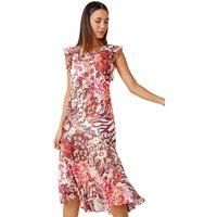 Floral Print Frill Detail Midi Dress For Women UK - Ladies Roman Originals