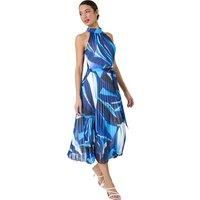Roman Originals Halterneck Pleated Dress for Women UK Ladies Maxi Midi Sleeveless Formal Wedding Guest Bridemaids Cocktail Party Special Occasion Ascot Races Going Out Evening - Navy Multi - Size 18