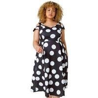 Roman Curve Premium Stretch Polka Dot Dress for Women UK - Ladies Spring Everyday Summer Holiday Sweetheart Neckline Comfy Sleeveless Soft Fit & Flare Frock Dinner Date Gowns - Black - Size 20