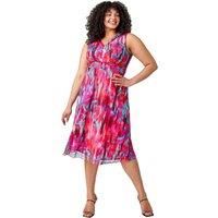 Roman Curve Abstract Print Mesh Wrap Dress for Women UK - Ladies Everyday Holiday Spring Summer V Neckline Comfy Soft Evening Vacation Work Party - Pink - Size 26