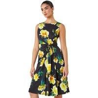 Roman Originals Ruched Waist Dress for Women UK - Ladies Twist Knot Waisted Wrap Stretch Jersey Knee Length Business Smart Work Office Formal Evening - Petite Black Yellow - Size 10