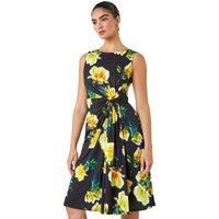 Roman Originals Ruched Waist Dress for Women UK - Ladies Twist Knot Waisted Wrap Stretch Jersey Knee Length Business Smart Work Office Formal Evening - Petite Black Yellow - Size 12