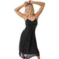 Dusk Fashion Sequin Tassel Midi Stretch Dress for Women UK - Ladies Autumn Everyday Winter Holiday V-Neckline Comfy Sleeveless Soft Strappy Frock Dinner Date Gowns - Black - Size 10