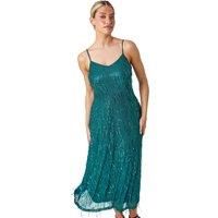 Dusk Fashion Sequin Tassel Midi Stretch Dress for Women UK - Ladies Autumn Everyday Winter Holiday V-Neckline Comfy Sleeveless Soft Strappy Frock Dinner Date Gowns - Green - Size 10
