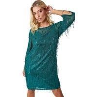 Roman Sequin Sparkle Tassel Shift Dress for Women UK - Ladies Autumn Everyday Winter Holiday Round Neckline Comfy 3/4 Sleeve Soft Knee Length Frock Dinner Date Gowns - Green - Size 10
