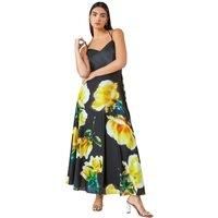Roman Luxe Floral Fit & Flare Maxi Dress for Women UK - Ladies Autumn Everyday Winter Holiday V-Neckline Comfy Sleeveless Soft Cami Straps Frock Occasion Gowns - Black - Size 14