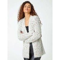 Roman Originals Women Fluffy Cardigan Ladies Winter Cardi Longline Edge to Edge Ombre Coatigan Casual Sparkly Glittery Jacket Knitwear Knitted Autumn Fleecy Cosy Soft Coats - Ivory Multi - Size 12