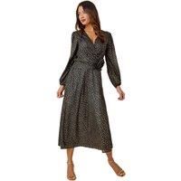 Roman Originals Metallic Star Print Corsage Midi Wrap Dress for Women UK - Ladies Everyday Autumn Winter V-Neckline Comfy Soft Evening Vacation Work Party Night Out - Black - Size 12