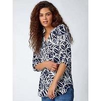 Roman Originals Shirt for Women UK Ladies Top Collarless Blouse Stretchy Tunic Smart Casual Autumn Winter Jersey 3/4 Length Sleeve Notch V Neck Flattering Office Work - Navy Ivory - Size 18