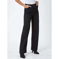 Roman Wide Leg Stretch Denim Jeans for Roman UK - Ladies Autumn Everyday Winter Holiday Fly & Zip Comfy Pocket Detail Soft Daywear Trouser Cotton Blend Bottoms - Black - Size 12